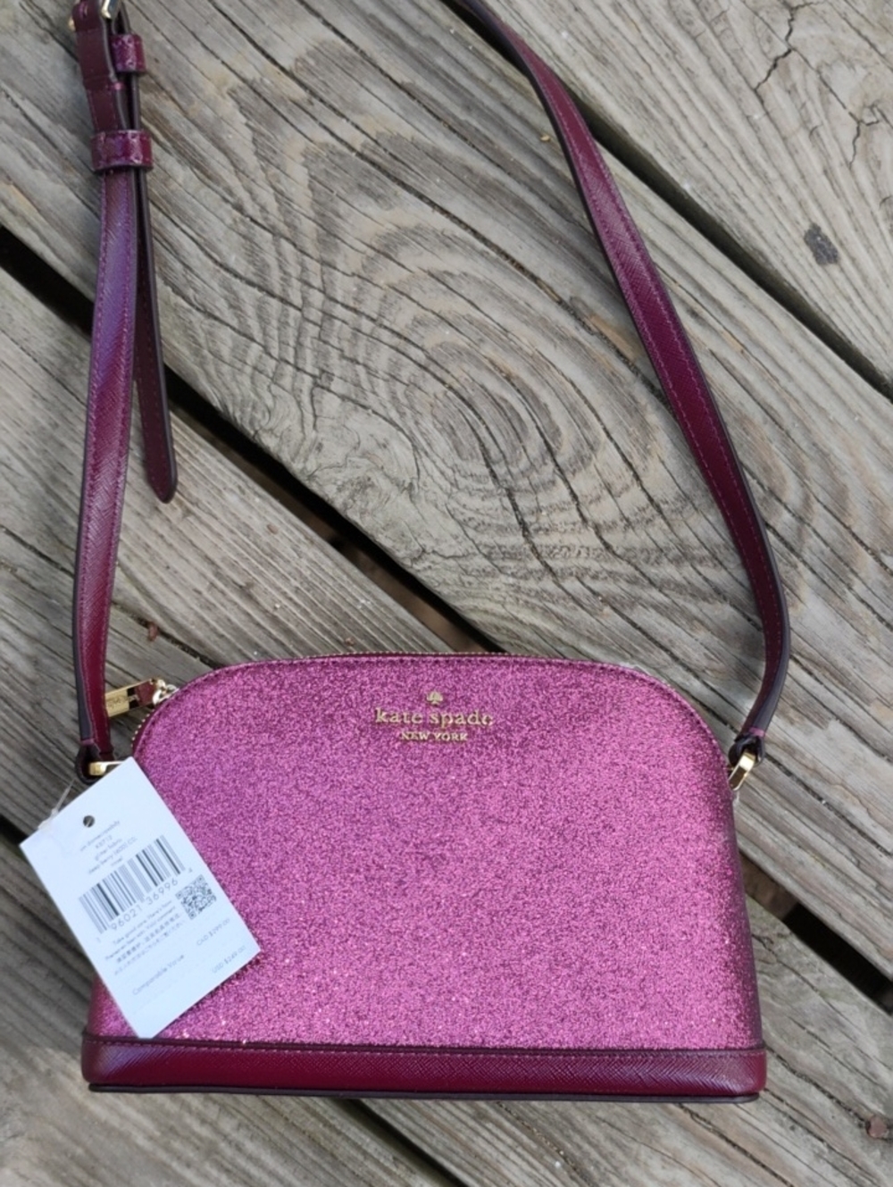 kate spade NWT $249 Deep Berry Glittery Fabric Tinsel Dome Crossbody Bag - Picture 2 of 11